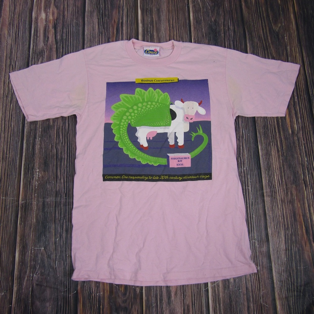 Vintage Cows Shirt Mens Medium Pink Cowasaurus Dinosaur Graphic Marc Gallant 90s